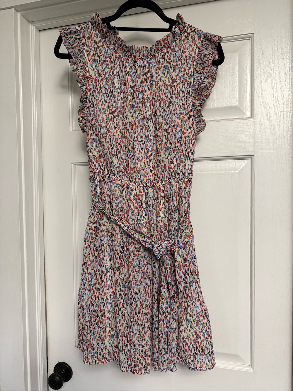 JODIFL White Mini Dress with Multicolor Dot Print and Ruffle Sleeves